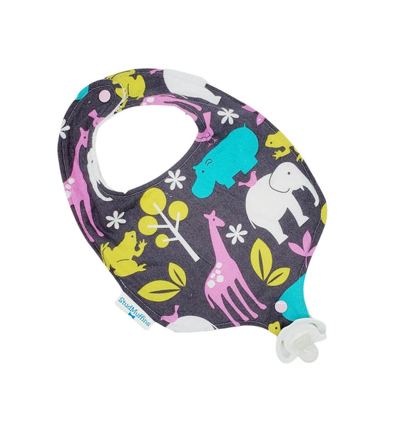 Absorbent drool bib with pacifier or teether attachment, Jungle animals