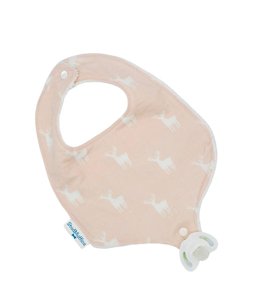 Absorbent drool bib with pacifier or teether attachment, Woodland Deer
