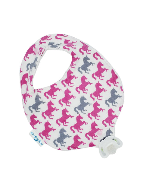 Absorbent drool bib with pacifier or teether attachment, Horse