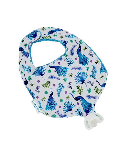 Absorbent drool bib with pacifier or teether attachment, Peacock
