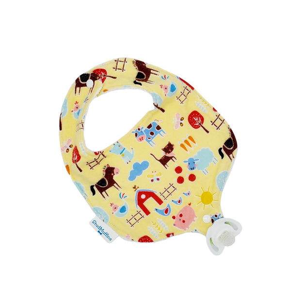 Absorbent drool bib with pacifier or teether attachment, Farm Animals